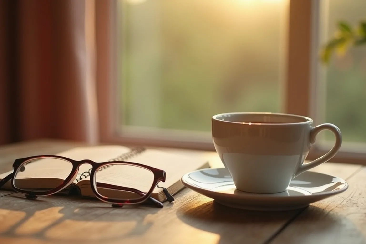 Notizbuch, Brille und eine Tasse Tee auf einem Holztisch