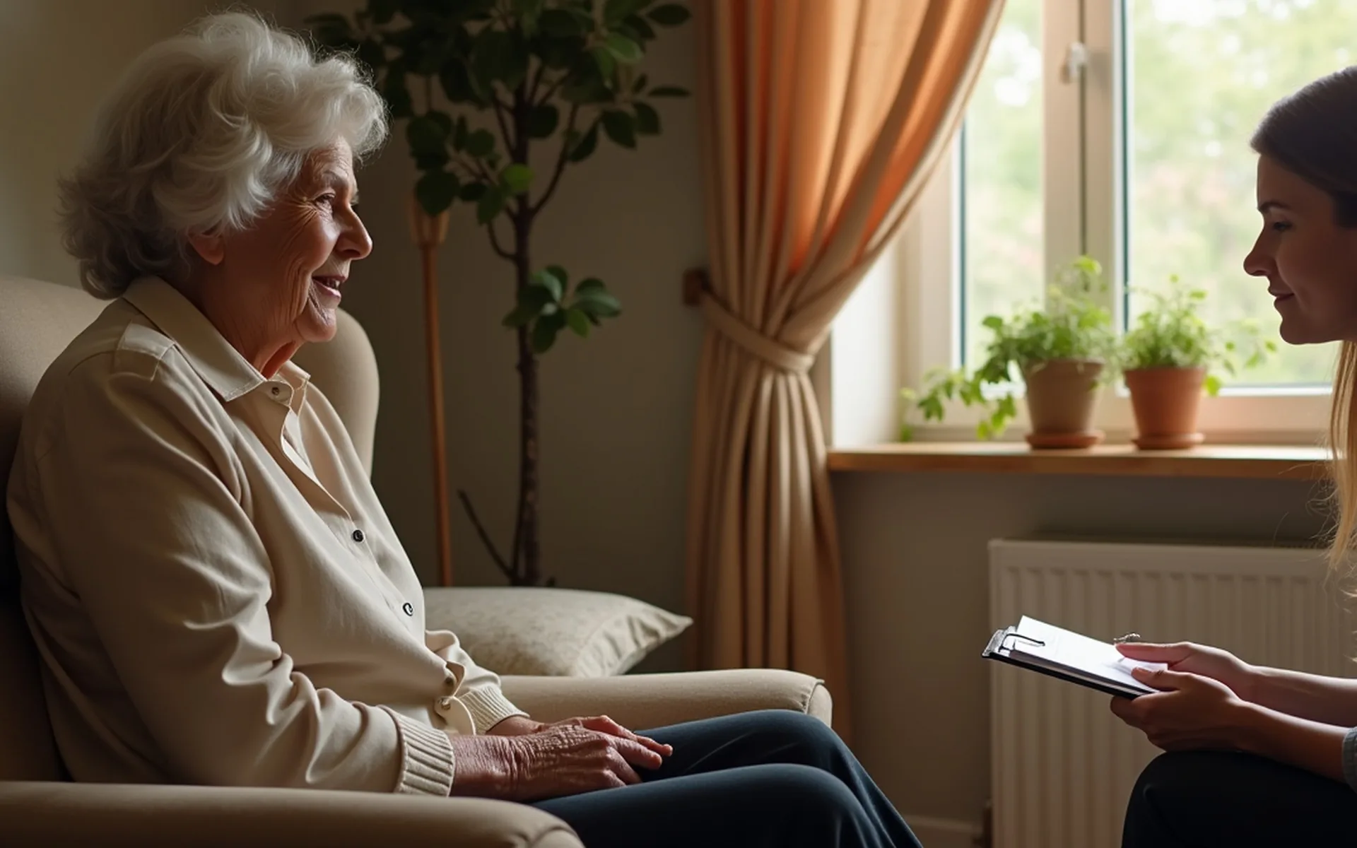 Eine Gutachterin im Gespräch mit einer älteren Frau zu Hause, die Tochter sitzt unterstützend daneben