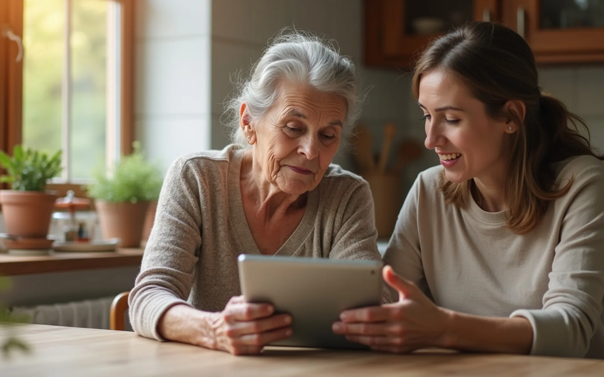 Eine ältere Frau nutzt gemeinsam mit ihrer Tochter eine Pflege-App auf dem Tablet
