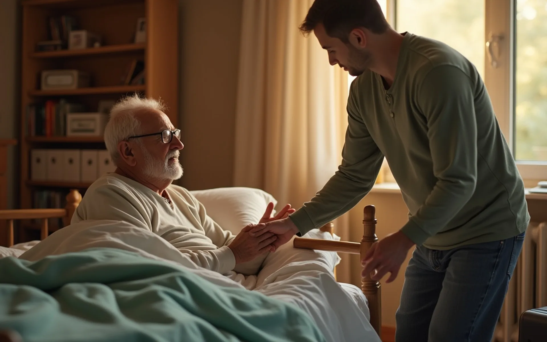 Ein Sohn hilft seinem Vater direkt nach der Krankenhausentlassung beim Ankommen zu Hause