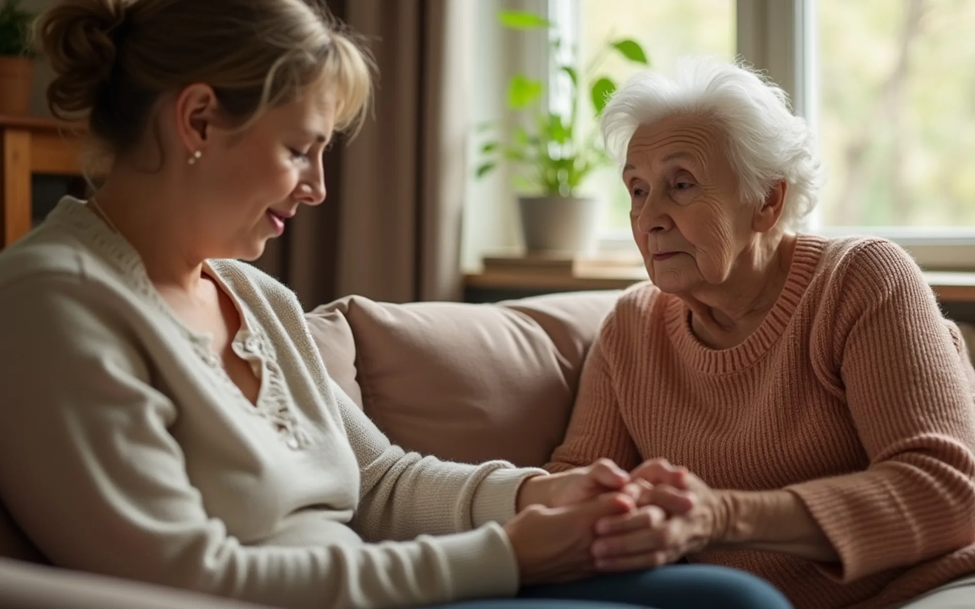 Eine Tochter hält einfühlsam die Hand ihrer Mutter, die mit Demenz lebt