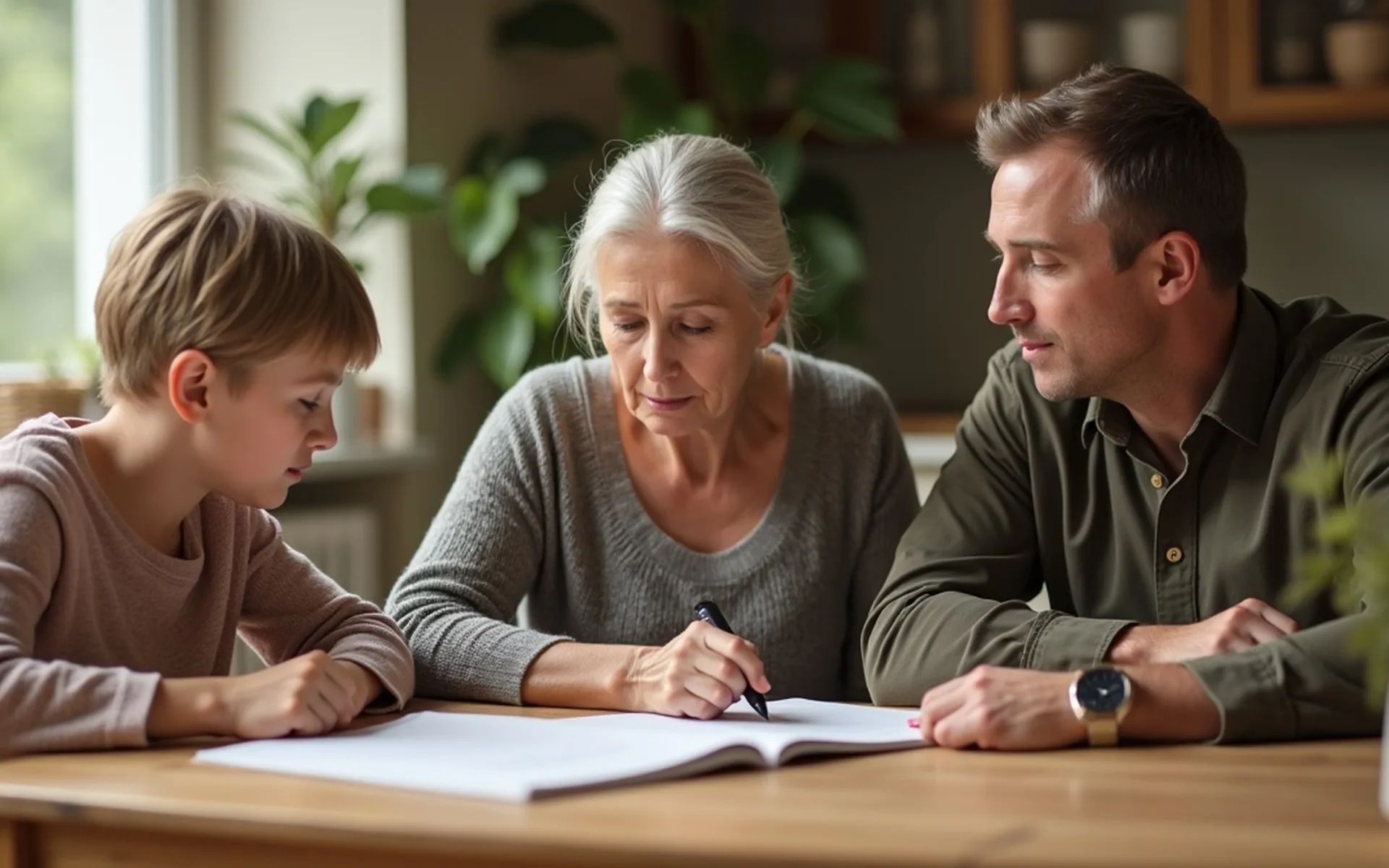 Eine Familie ordnet gemeinsam den Alltag, während der Pflegegrad beantragt wird